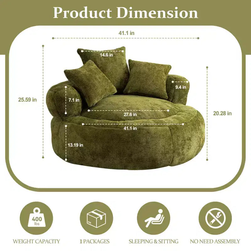 Fauteuil poire rond en chenille ultra-douce avec accoudoirs et 3 dossiers.