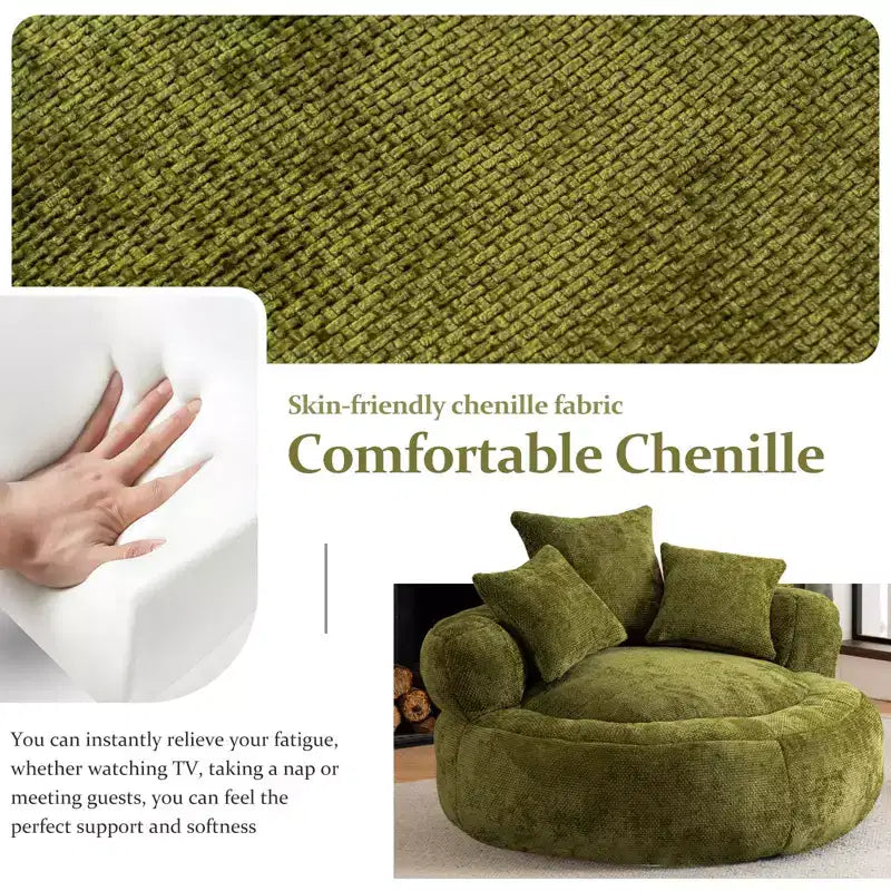 Fauteuil poire rond en chenille ultra-douce avec accoudoirs et 3 dossiers.