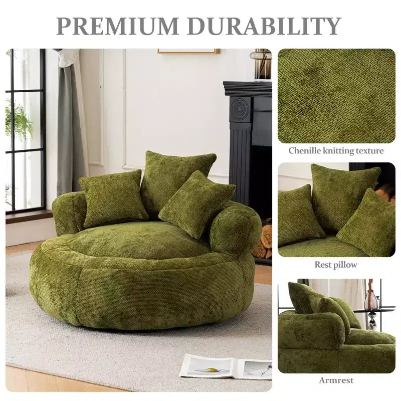 Fauteuil poire rond en chenille ultra-douce avec accoudoirs et 3 dossiers.