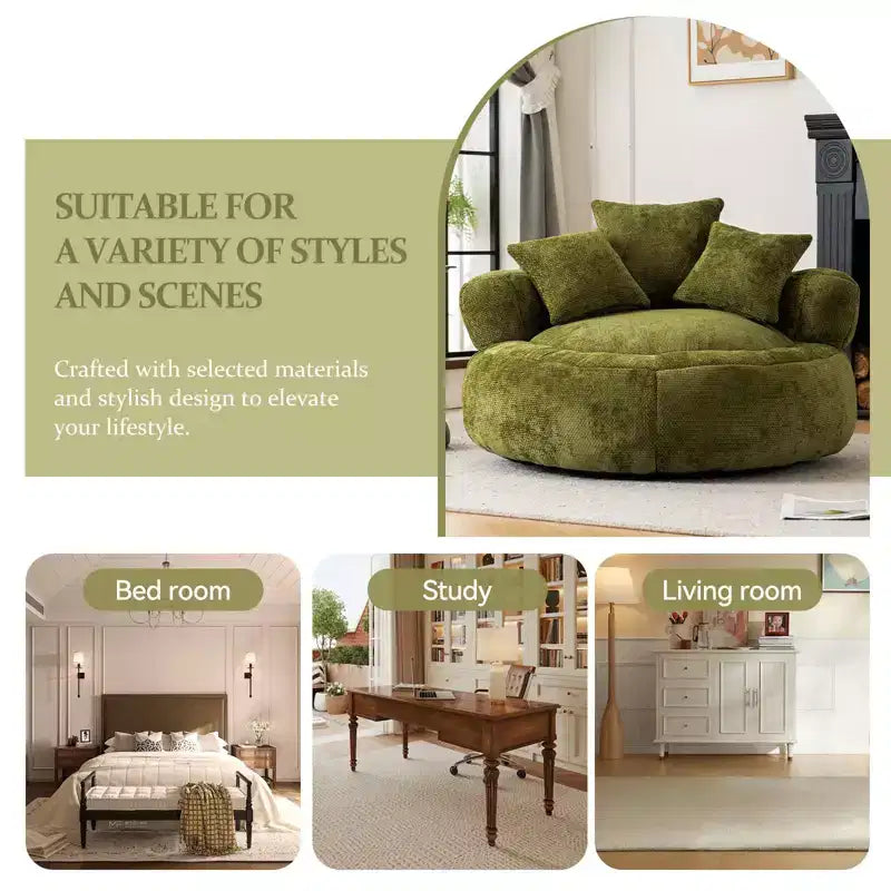 Fauteuil poire rond en chenille ultra-douce avec accoudoirs et 3 dossiers.