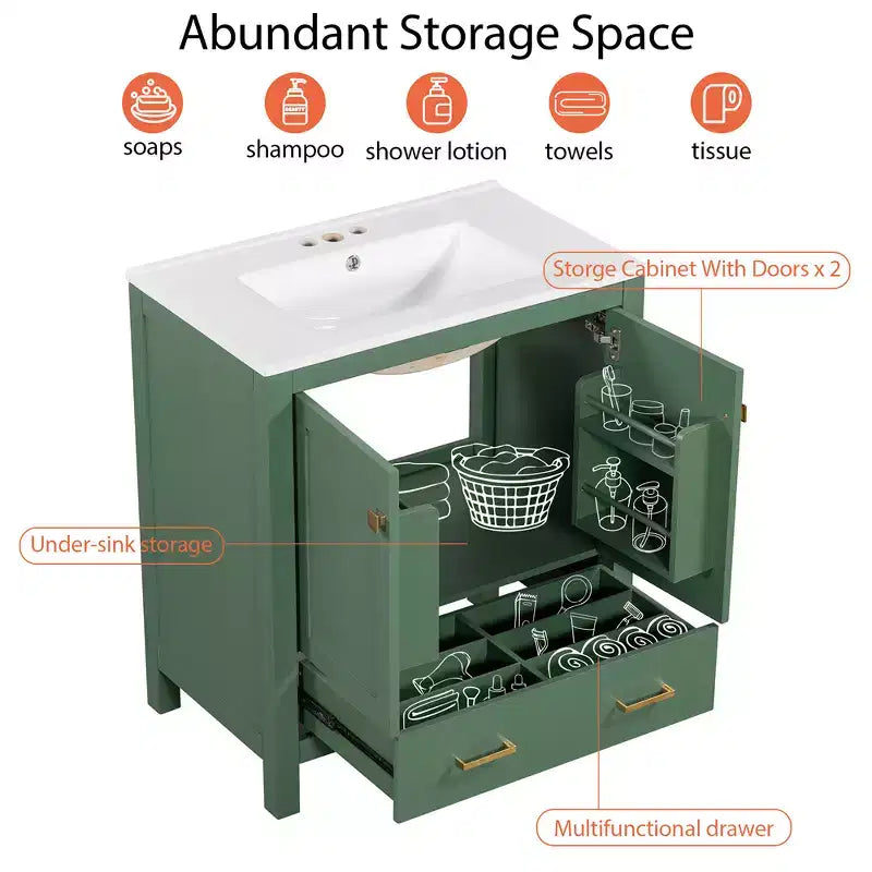 Comprend un lavabo en céramique, un cadre en bois massif et une coiffeuse encastrée moderne.