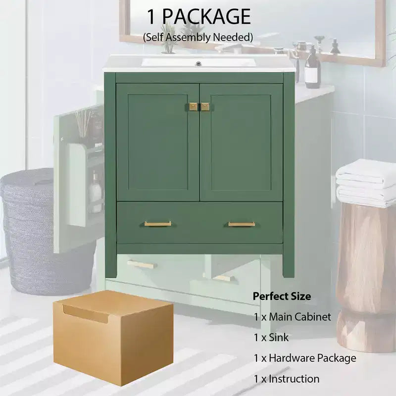 Comprend un lavabo en céramique, un cadre en bois massif et une coiffeuse encastrée moderne.