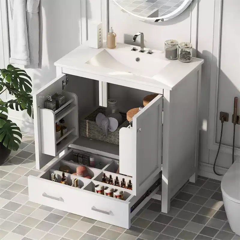 Comprend un lavabo en céramique, un cadre en bois massif et une coiffeuse encastrée moderne.