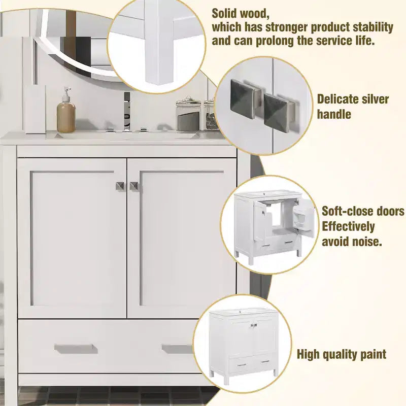 Comprend un lavabo en céramique, un cadre en bois massif et une coiffeuse encastrée moderne.
