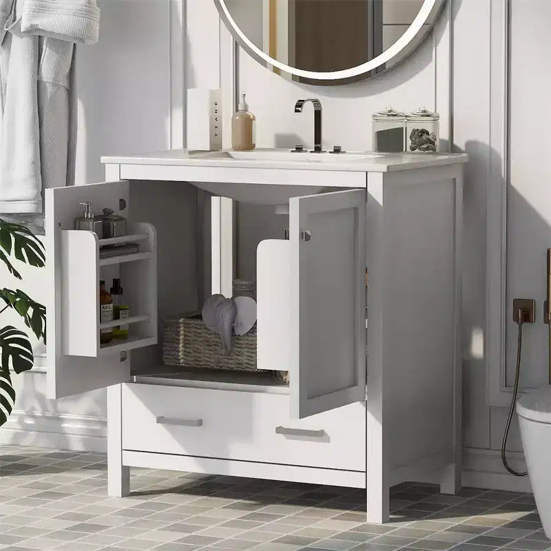 Comprend un lavabo en céramique, un cadre en bois massif et une coiffeuse encastrée moderne.