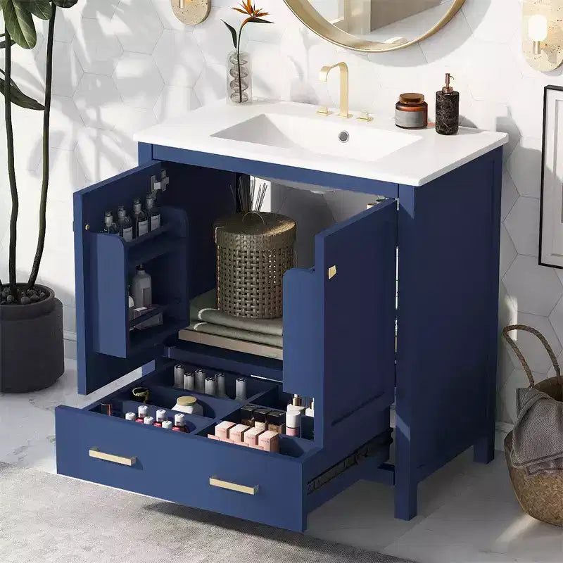 Comprend un lavabo en céramique, un cadre en bois massif et une coiffeuse encastrée moderne.