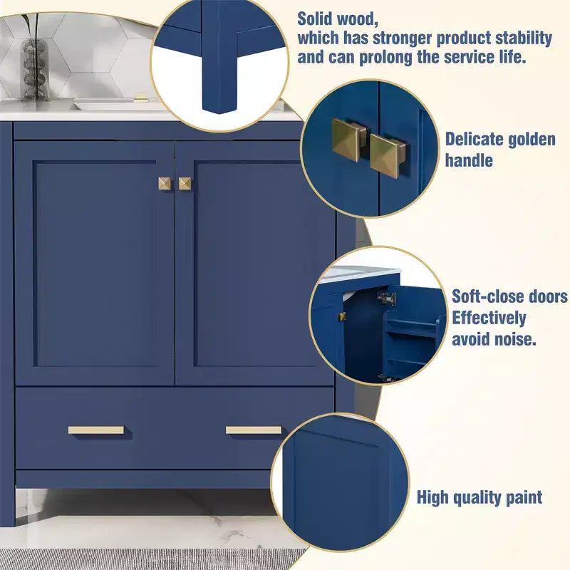 Comprend un lavabo en céramique, un cadre en bois massif et une coiffeuse encastrée moderne.