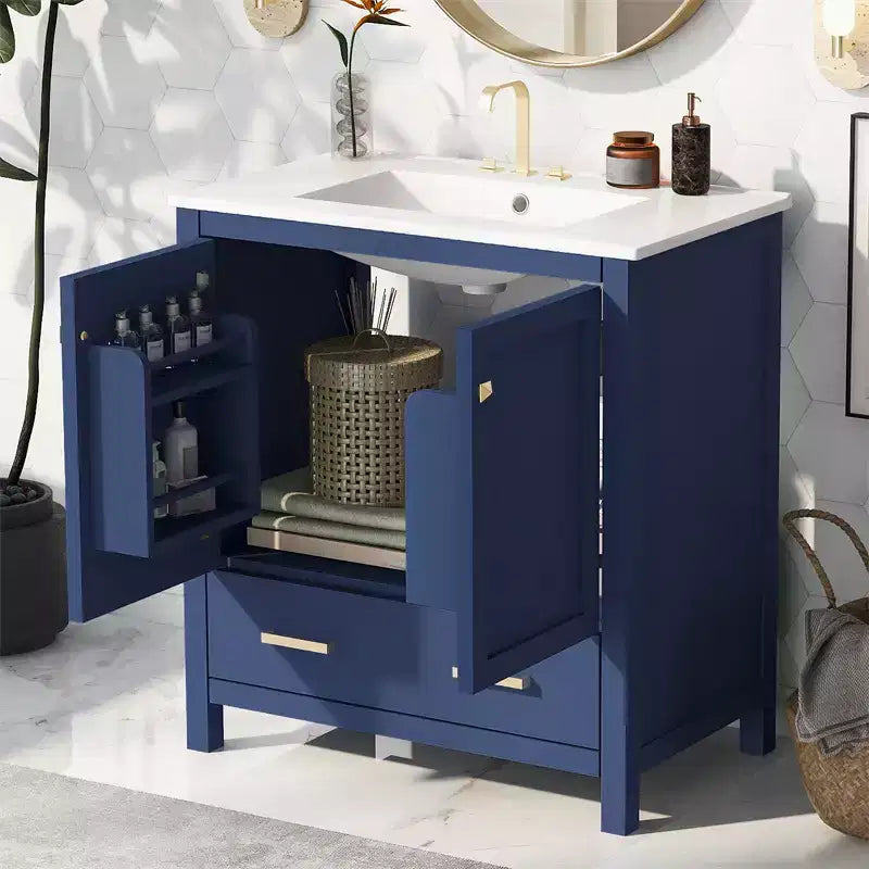 Comprend un lavabo en céramique, un cadre en bois massif et une coiffeuse encastrée moderne.