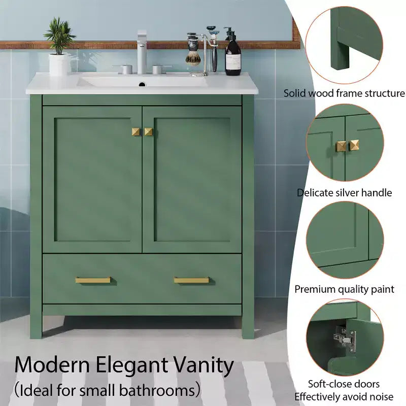 Comprend un lavabo en céramique, un cadre en bois massif et une coiffeuse encastrée moderne.