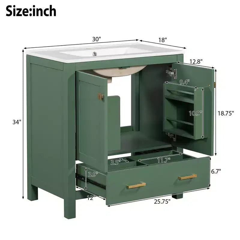 Comprend un lavabo en céramique, un cadre en bois massif et une coiffeuse encastrée moderne.