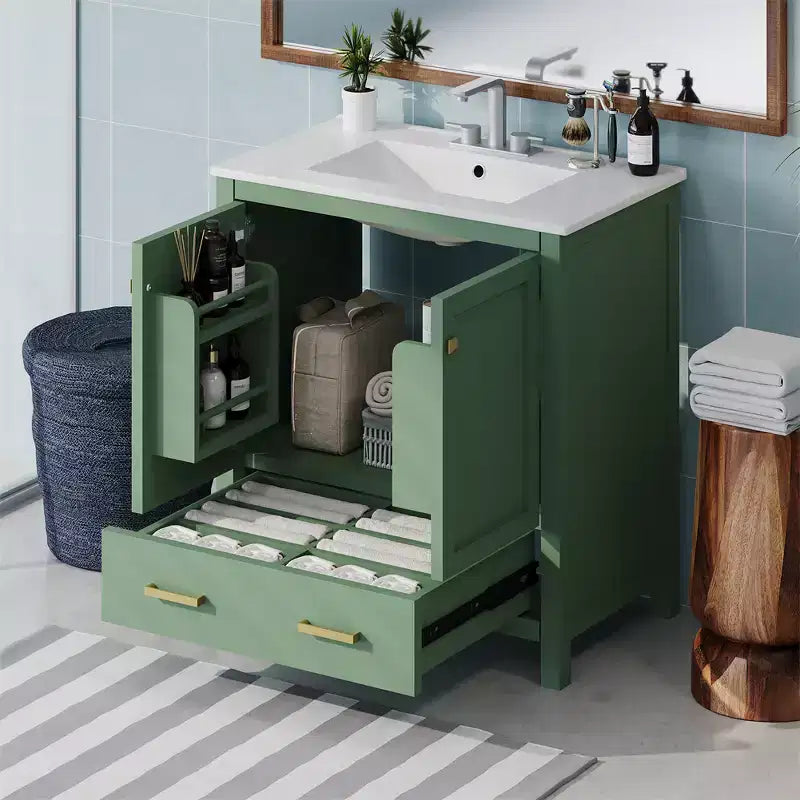Comprend un lavabo en céramique, un cadre en bois massif et une coiffeuse encastrée moderne.