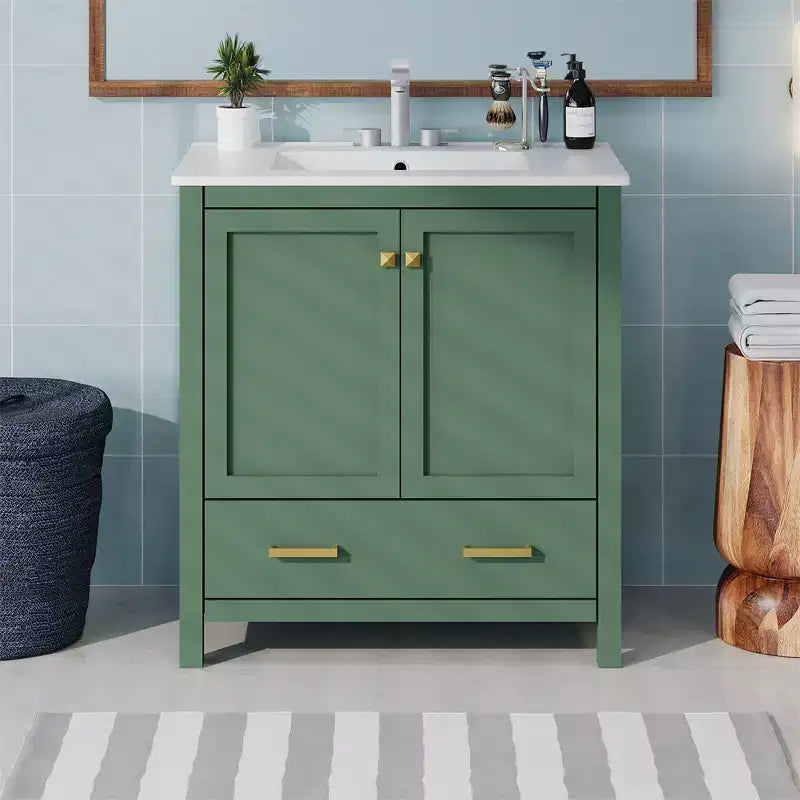 Comprend un lavabo en céramique, un cadre en bois massif et une coiffeuse encastrée moderne.