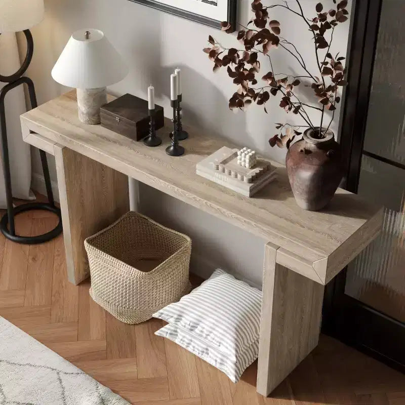 Console d'entrée de style ferme moderne, placage de bois, peut être utilisée comme table d'appoint pour canapé.