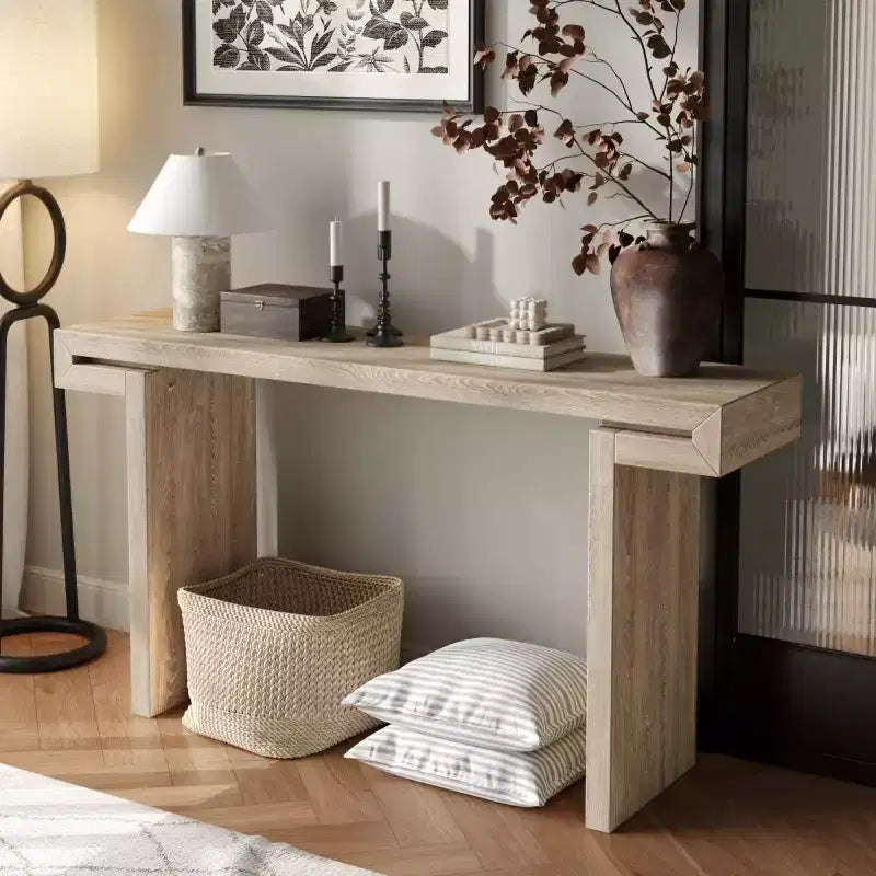 Console d'entrée de style ferme moderne, placage de bois, peut être utilisée comme table d'appoint pour canapé.