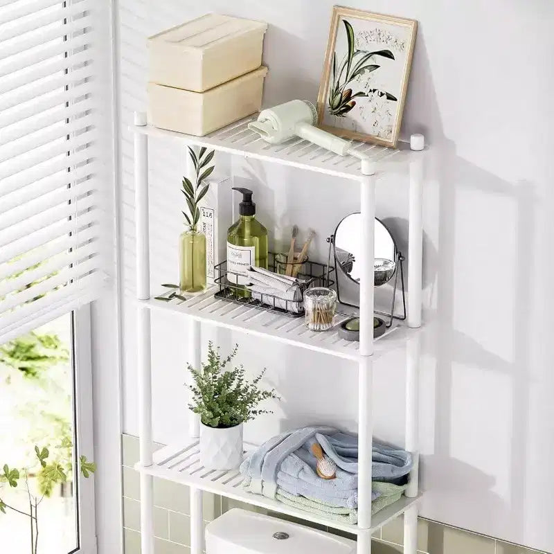 Étagère de rangement à trois niveaux avec une finition blanc mat, facile à installer et de grande capacité.