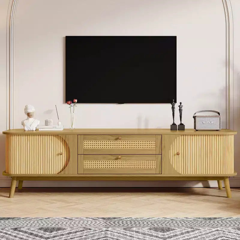 JVNOXKRattan TV Stand for TVs up to 75'', Modern Farmhouse Media Console, Entertainment Center with Solid Wood Legs, TV Cabinet for Living Room