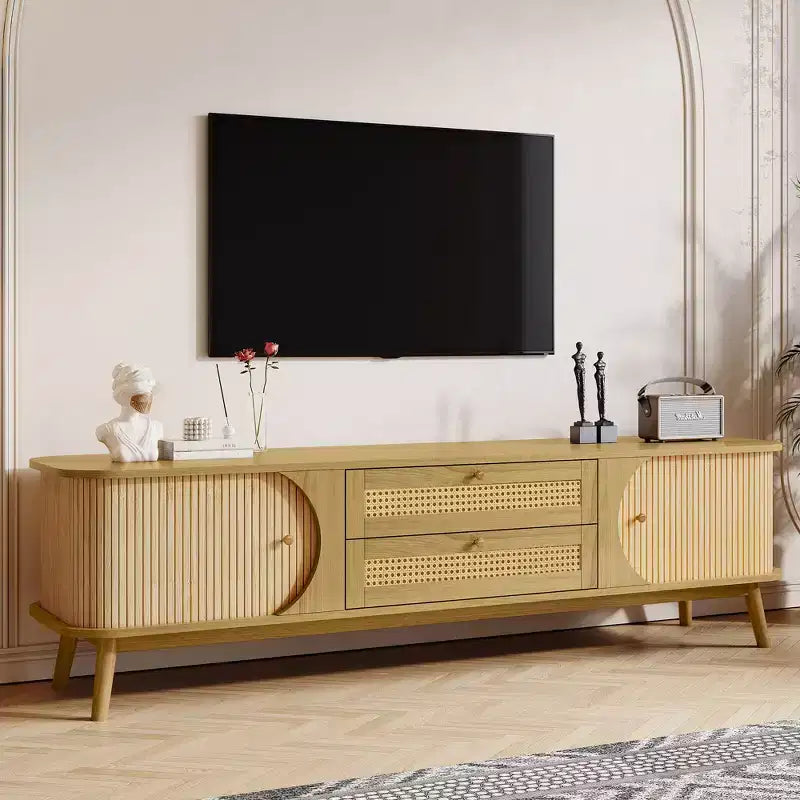 Meuble TV en rotin, meuble de divertissement avec pieds en bois massif