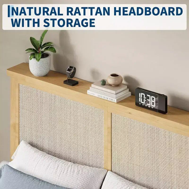Cadre de lit en rotin naturel avec tête de lit en rotin naturel