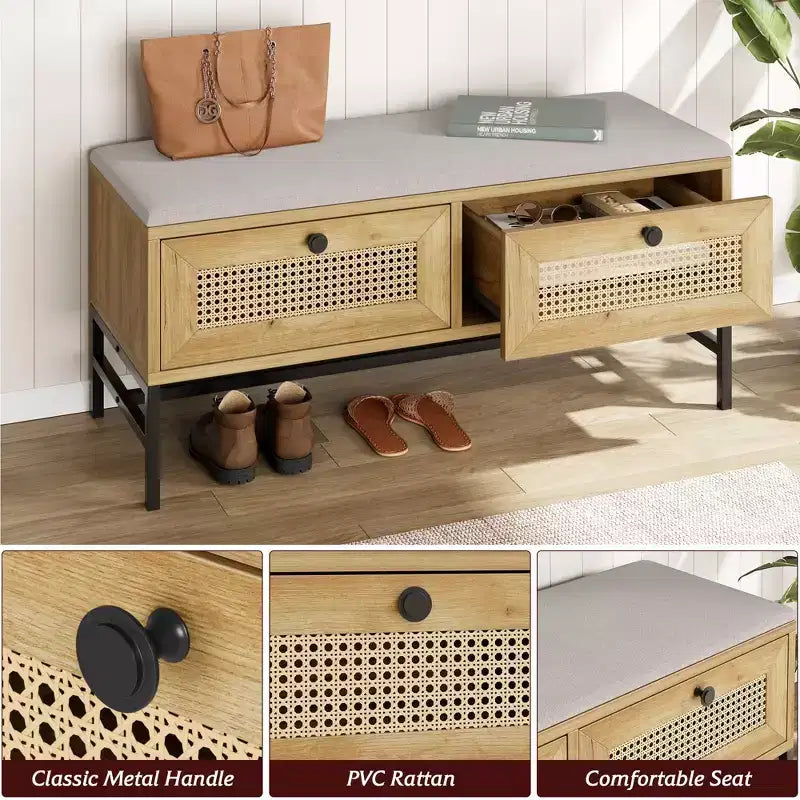 Banc à chaussures pour entrée - Banc en rotin style ferme