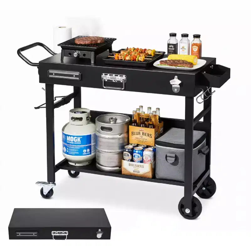 ROVSUN Outdoor Grill Table Cart, Foldable Grill Cart with Wheels, Rolling Table for Ninja, Blackstone Griddle, Pizza Oven Stand, Food Prep Table