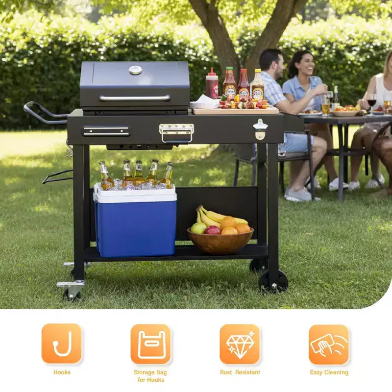 Chariot de table barbecue extérieur, chariot barbecue pliable avec roulettes