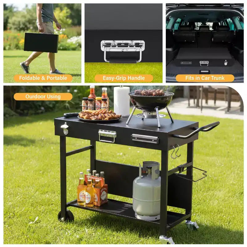 Chariot de table barbecue extérieur, chariot barbecue pliable avec roulettes