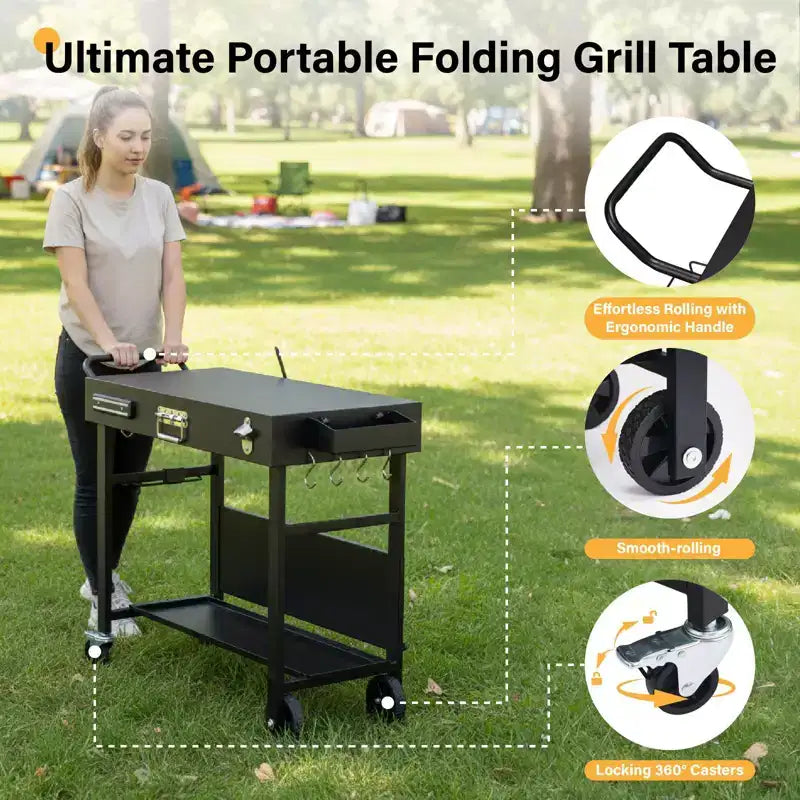 Chariot de table barbecue extérieur, chariot barbecue pliable avec roulettes