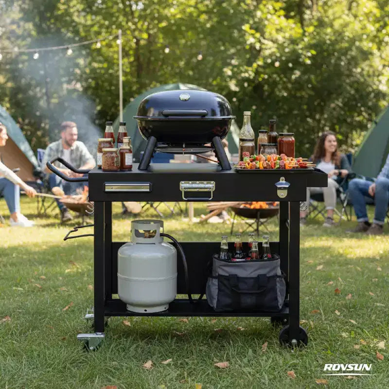 Chariot de table barbecue extérieur, chariot barbecue pliable avec roulettes