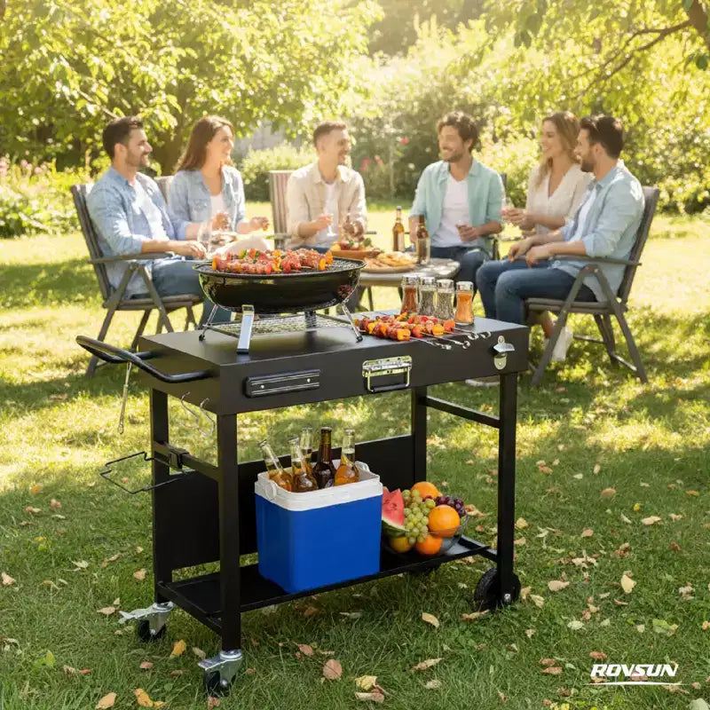 Chariot de table barbecue extérieur, chariot barbecue pliable avec roulettes