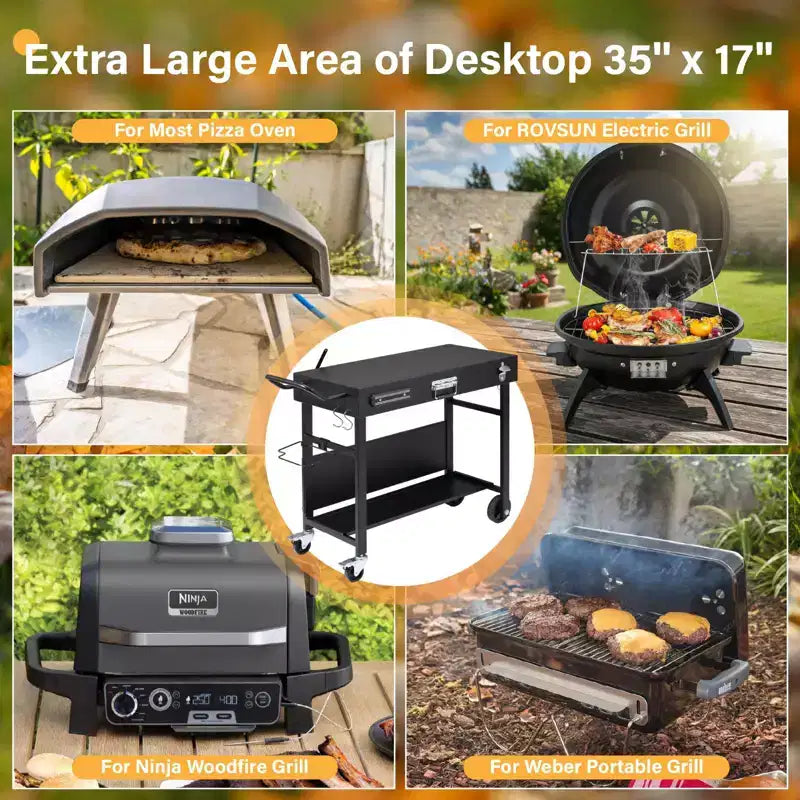 Chariot de table barbecue extérieur, chariot barbecue pliable avec roulettes