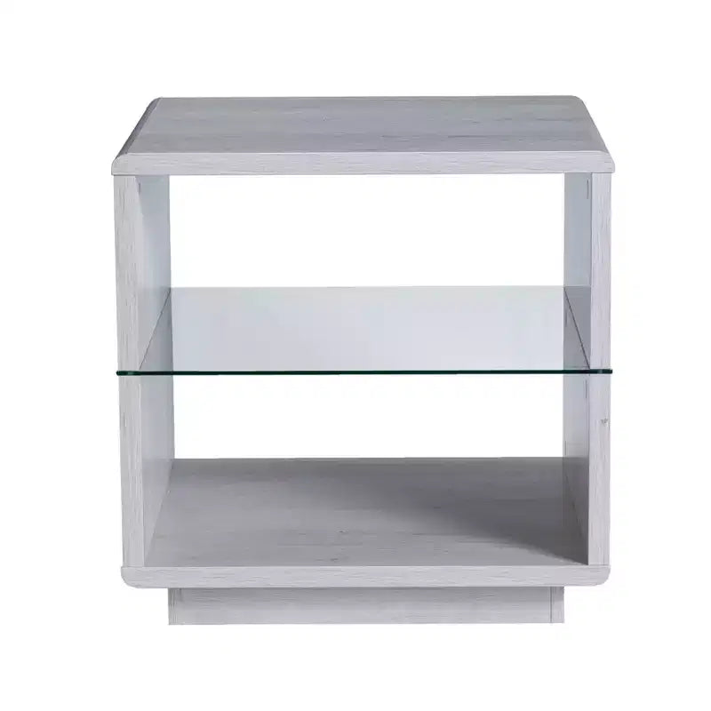 miBasics Welnick Modern End Table with Glass Shelf White Oak : Tempered Top, Transitional Style, Storage Base