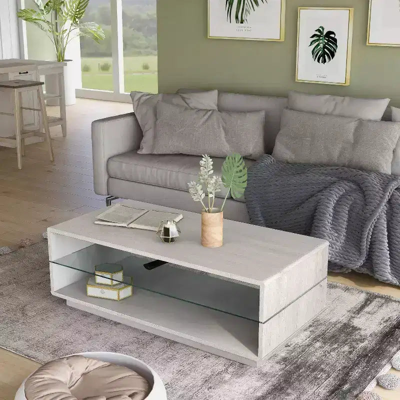 Table d'appoint moderne avec plateau en verre trempé et base de rangement.