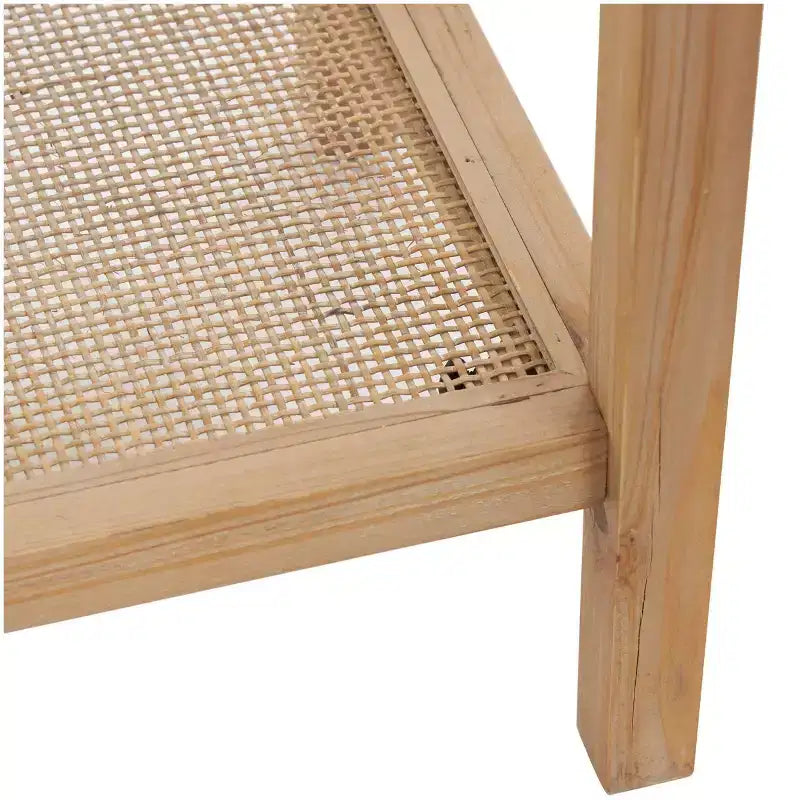 Console marron avec plateau en verre simple couche et étagères en rotin