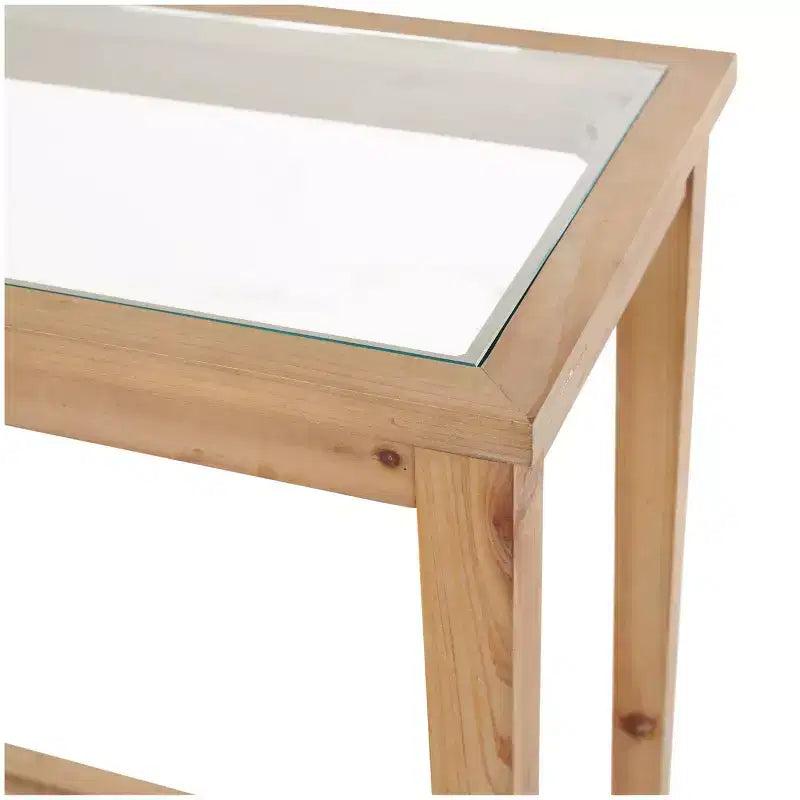 Console marron avec plateau en verre simple couche et étagères en rotin