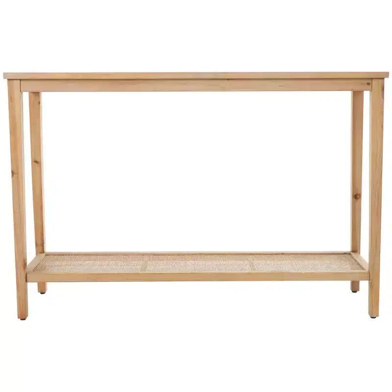 Console marron avec plateau en verre simple couche et étagères en rotin