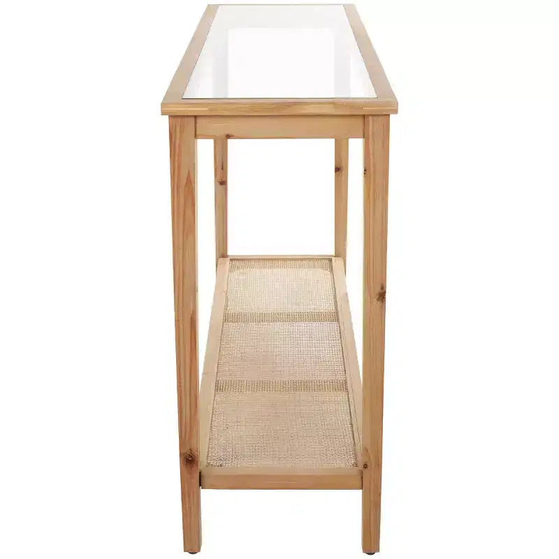 Console marron avec plateau en verre simple couche et étagères en rotin
