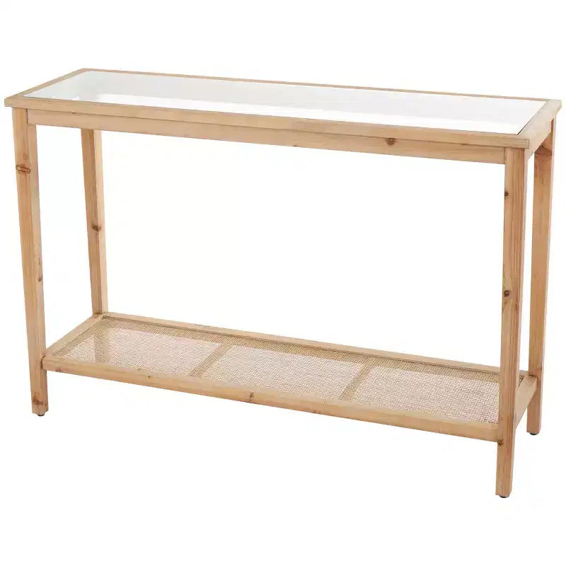 Console marron avec plateau en verre simple couche et étagères en rotin