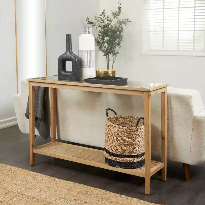 Console marron avec plateau en verre simple couche et étagères en rotin