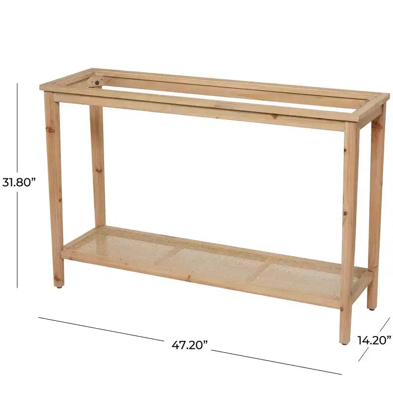 Console marron avec plateau en verre simple couche et étagères en rotin