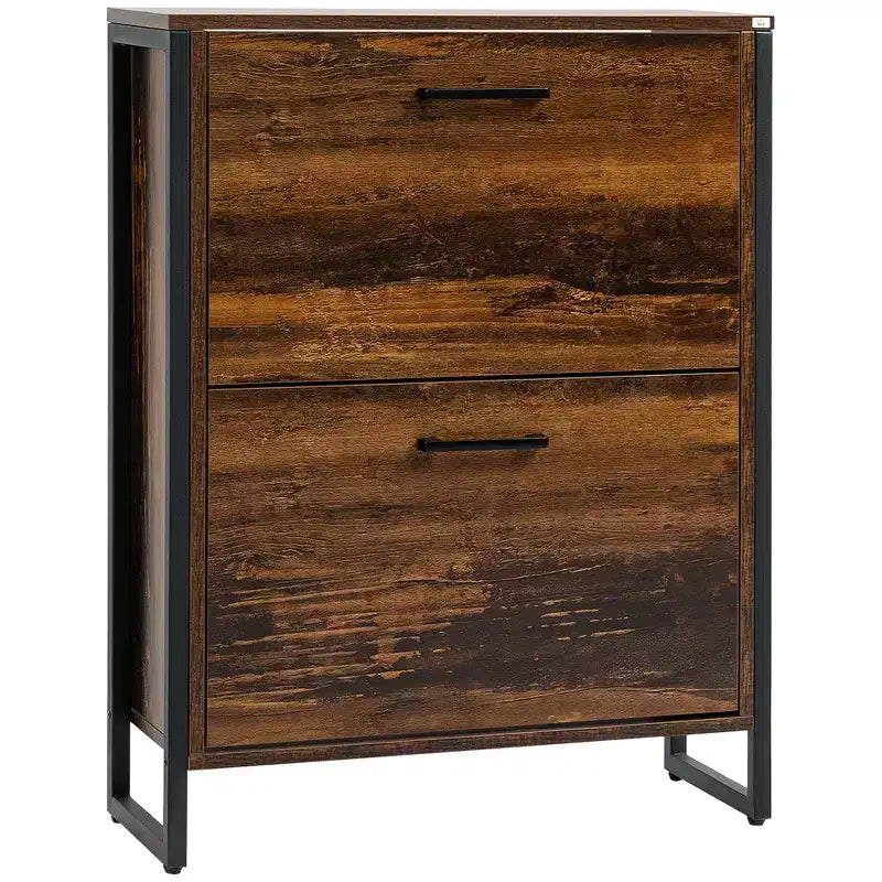 HOMCOM Shoe Cabinet with 2 Flip Doors, Slim 2-Drawer Shoe Cupboard with Divider and Open Compartment for 12 Pairs of Shoes, Rustic Brown